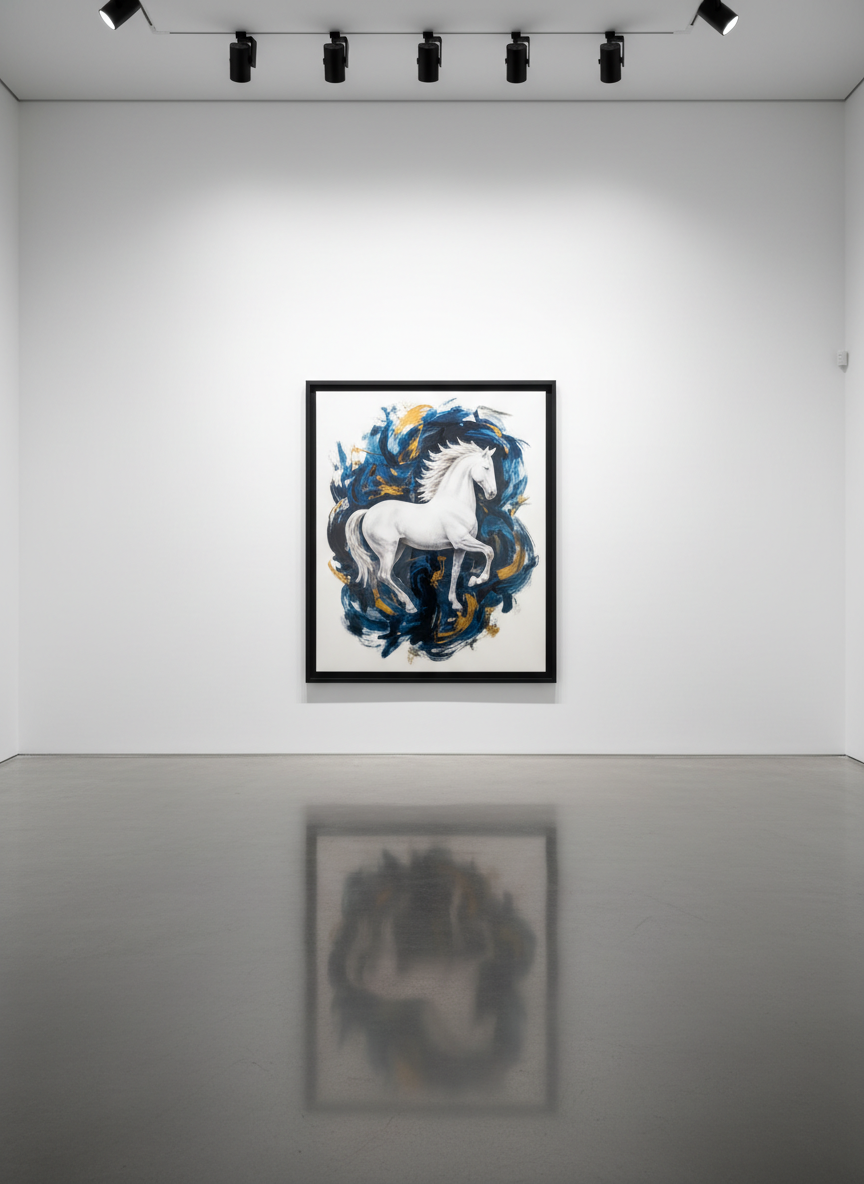 A pristine white gallery wall featuring a single, large framed photographic artwork of a luminous white horse totem emerging from shadowy, symbolic brushstrokes in deep blues and golds. The frame is matte black, with a subtle reflection on the museum-grade glass. The polished concrete floor reflects faint distortions of the artwork, enhancing its presence. Track lighting from above casts precise, focused beams on the piece, leaving the surroundings gently dimmed. Photographed from a slightly off-center angle, the composition follows the rule of thirds, creating a refined, minimalist, and sophisticated mood that emphasizes the spiritual power and psychological depth of the animal symbolism, ideal for showcasing high-end art for sale.
