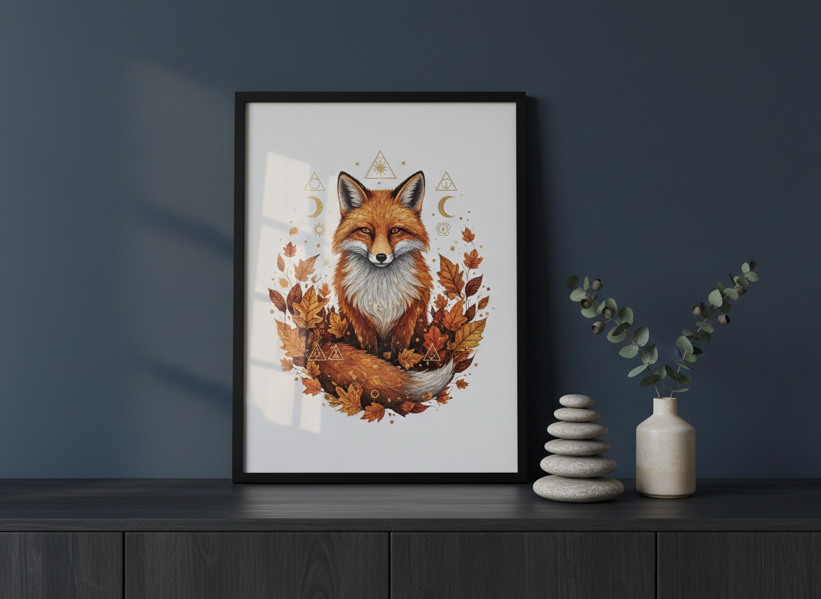 A serene, photographic still life on a low, charcoal-colored sideboard: a medium-sized framed print of a fox totem artwork, the fox rendered in hyper-detailed brushwork blending into swirling autumn leaves and subtle alchemical symbols. The frame rests against a matte, deep-ink wall. Beside it, a smooth river stone stack, a minimalist ceramic vessel, and a small branch of dried eucalyptus add natural texture. Soft, indirect evening light from a nearby window creates a gentle gradient across the wall and delicate reflections on the glass. Shot straight-on with sharp focus throughout, the composition feels balanced and sophisticated, evoking introspective spiritual growth and inviting viewers to bring symbolic fine art into their living spaces.