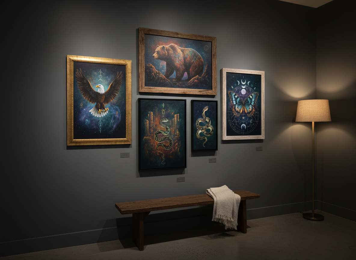 A wide, photographic shot of a dimly lit, intimate gallery nook featuring a curated salon-style arrangement of animal totem artworks: an eagle, bear, snake, and butterfly, each framed differently but unified by a deep, moody color palette and symbolic abstract backgrounds. The artworks hang on a matte charcoal wall above a simple wooden bench draped with a folded linen throw. Discreet wall spotlights and a single floor lamp cast pools of warm light, creating dramatic contrasts and emphasizing the textures and details of each piece. Captured from a slightly low angle, the scene feels immersive and contemplative, suggesting a sanctuary where viewers can reflect on their own psychological and spiritual journeys through fine art.
