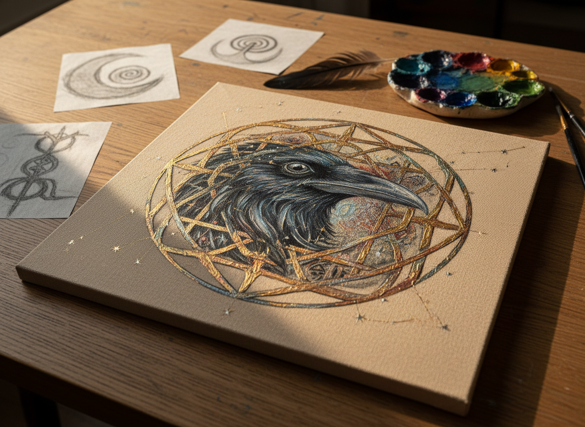 A close-up, photographic view of a textured canvas lying flat on a large oak worktable, featuring a partially completed painting of a raven totem dissolving into intricate geometric patterns and faint constellations. The paint appears thick and tactile, with subtle knife marks and luminous metallic accents. Around the canvas, there are charcoal sketches of symbolic shapes, a ceramic palette smeared with jewel-toned pigments, and a single black feather. Warm late-afternoon light streams from the side, casting long, contemplative shadows across the table. Captured from a slightly elevated angle with a shallow depth of field, the focus is on the raven’s eye, conveying introspection and the process of translating life’s hidden messages into fine art.