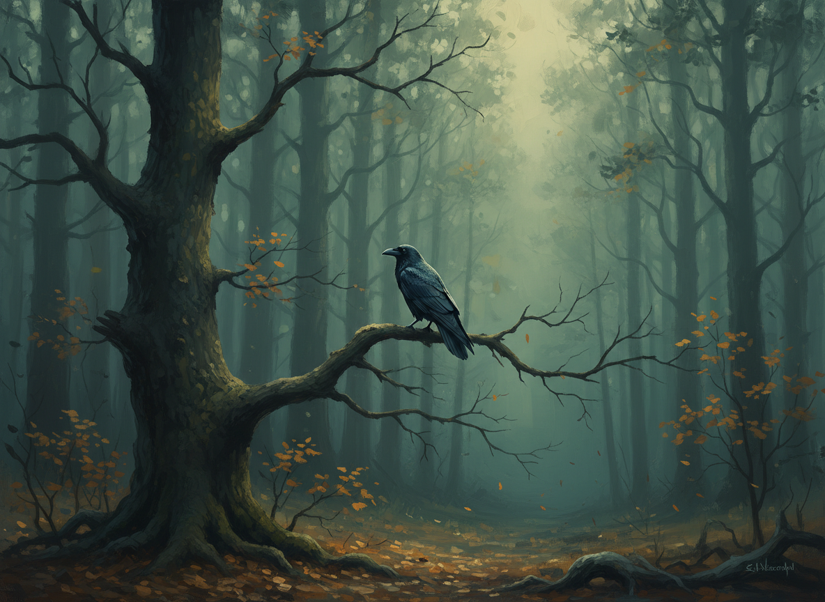 A solitary raven perched on a bare branch against a deep forest at dusk, soft fog, earthy muted tones.