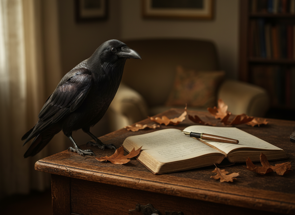 A raven perched on a weathered writing desk beside an open journal, fountain pen, and dried oak leaves in warm ochre light.