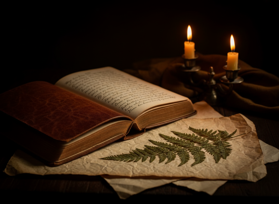 An open handwritten leather journal and a pressed fern leaf resting on aged parchment in warm ochre candlelight