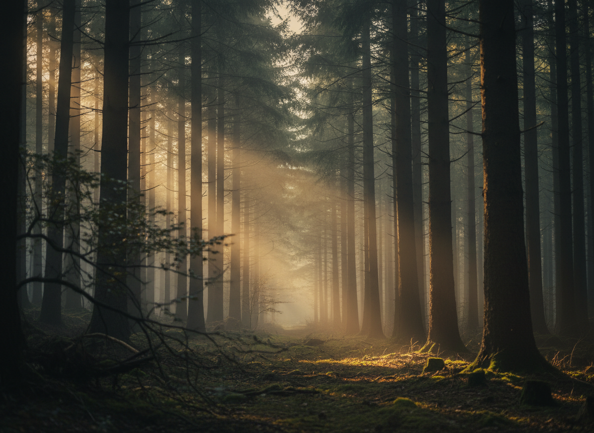 Deep forest interior at dawn with fog drifting between dark pine trunks and shafts of warm ochre light