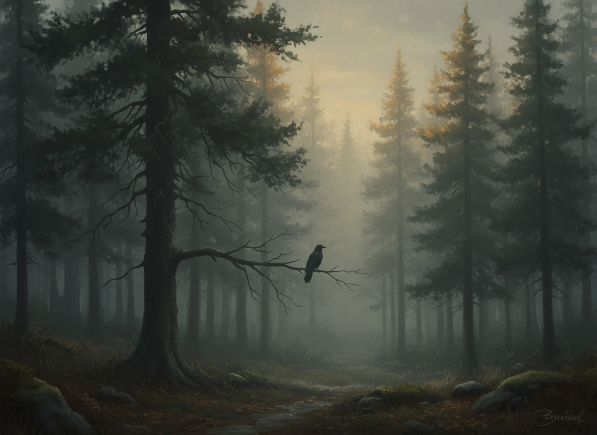 Atmospheric fine-art photograph of a misty deep-green forest at dawn, tall dark pine silhouettes fading into soft grey fog, and a single raven perched on a bare branch.