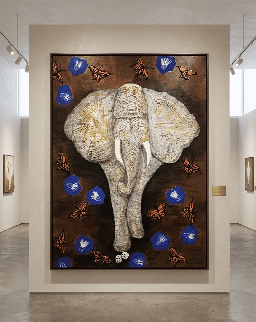 Uncle Earl — elephant totem sculpture representing wisdom, transformation, and material grounding