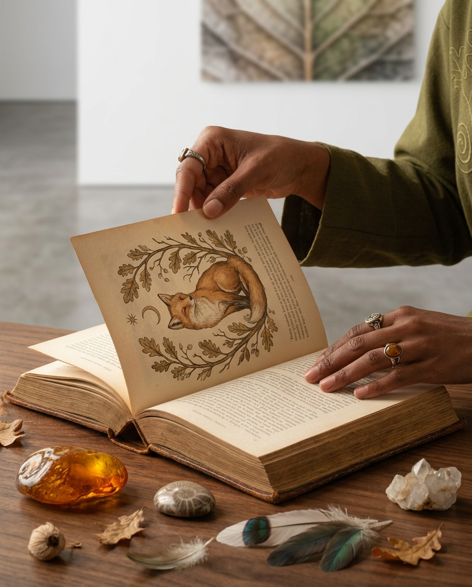 An atmospheric portrait-style fine-art photograph of hands turning the pages of an old leather-bound book near a window with soft golden light, blurred natural elements like dried leaves and feathers nearby, deep earthy tones of umber, moss green and muted gold. Quiet, reflective, sophisticated mood. No text. An atmospheric portrait-style fine-art photograph of hands turning the pages of an old leather-bound book near a window with soft golden light, blurred natural elements like dried leaves and feathers nearby, deep earthy tones of umber, moss green and muted gold. Quiet, reflective, sophisticated mood. No text.